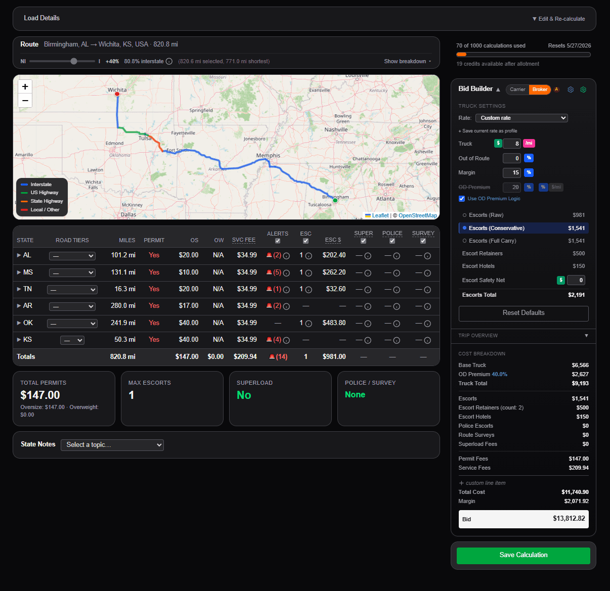 OSOWloads oversize load permit cost calculator showing per-state permit fees and route map